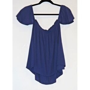 BLQ Solid Navy Lightweight Top Shirt Ruffled Collar Short Flutter Sleeve EUC